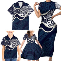 Aloha Hawaii Kalo Pikake Lei Family Matching Short Sleeve Bodycon Dress and Hawaiian Shirt Chest Tattoo Oxford Blue Hawaiian Pattern LT14 - Polynesian Pride