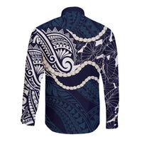 Aloha Hawaii Kalo Pikake Lei Long Sleeve Button Shirt Chest Tattoo Oxford Blue Hawaiian Pattern