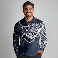Aloha Hawaii Kalo Pikake Lei Long Sleeve Polo Shirt Chest Tattoo Oxford Blue Hawaiian Pattern LT14 - Polynesian Pride