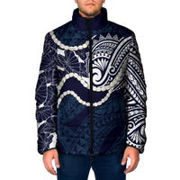 Aloha Hawaii Kalo Pikake Lei Padded Jacket Chest Tattoo Oxford Blue Hawaiian Pattern