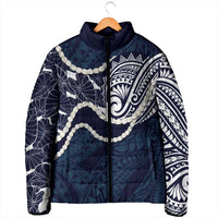Aloha Hawaii Kalo Pikake Lei Padded Jacket Chest Tattoo Oxford Blue Hawaiian Pattern