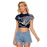 Aloha Hawaii Kalo Pikake Lei Raglan Cropped T Shirt Chest Tattoo Oxford Blue Hawaiian Pattern LT14 Female Oxford Blue - Polynesian Pride