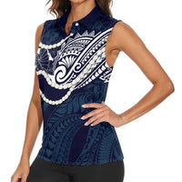 Aloha Hawaii Kalo Pikake Lei Women Sleeveless Polo Shirt Chest Tattoo Oxford Blue Hawaiian Pattern LT14 - Polynesian Pride