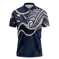 Aloha Hawaii Kalo Pikake Lei Zipper Polo Shirt Chest Tattoo Oxford Blue Hawaiian Pattern LT14 Oxford Blue - Polynesian Pride