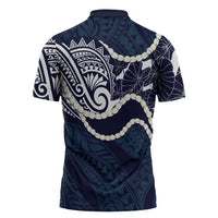Aloha Hawaii Kalo Pikake Lei Zipper Polo Shirt Chest Tattoo Oxford Blue Hawaiian Pattern LT14 - Polynesian Pride