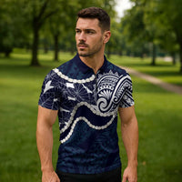 Aloha Hawaii Kalo Pikake Lei Zipper Polo Shirt Chest Tattoo Oxford Blue Hawaiian Pattern LT14 - Polynesian Pride