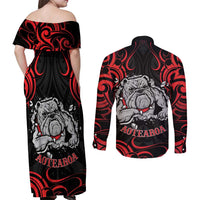 Personalised Aotearoa Bulldog Couples Matching Off Shoulder Maxi Dress and Long Sleeve Button Shirt NZ Maori Tattoo LT14 - Polynesian Pride