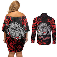 Personalised Aotearoa Bulldog Couples Matching Off Shoulder Short Dress and Long Sleeve Button Shirt NZ Maori Tattoo LT14 - Polynesian Pride