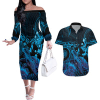 Blue Aloha Hawaii Couples Matching Off The Shoulder Long Sleeve Dress and Hawaiian Shirt Snorkeling With Sea Turtle Polynesian Pattern LT14 Blue - Polynesian Pride