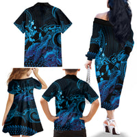 Blue Aloha Hawaii Family Matching Off The Shoulder Long Sleeve Dress and Hawaiian Shirt Snorkeling With Sea Turtle Polynesian Pattern LT14 - Polynesian Pride