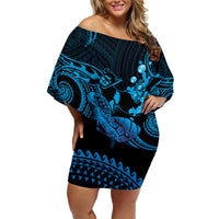 Blue Aloha Hawaii Family Matching Off Shoulder Short Dress and Hawaiian Shirt Snorkeling With Sea Turtle Polynesian Pattern LT14 Mom's Dress Blue - Polynesian Pride