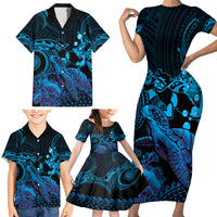 Blue Aloha Hawaii Family Matching Short Sleeve Bodycon Dress and Hawaiian Shirt Snorkeling With Sea Turtle Polynesian Pattern LT14 - Polynesian Pride