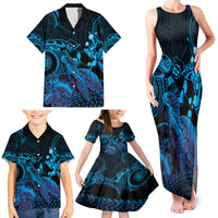 Blue Aloha Hawaii Family Matching Tank Maxi Dress and Hawaiian Shirt Snorkeling With Sea Turtle Polynesian Pattern LT14 - Polynesian Pride