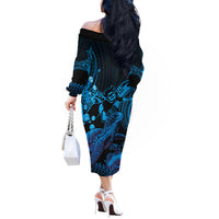 Blue Aloha Hawaii Off The Shoulder Long Sleeve Dress Snorkeling With Sea Turtle Polynesian Pattern