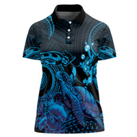 Blue Aloha Hawaii Women Polo Shirt Snorkeling With Sea Turtle Polynesian Pattern