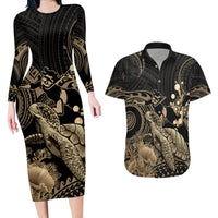 Gold Aloha Hawaii Couples Matching Long Sleeve Bodycon Dress and Hawaiian Shirt Snorkeling With Sea Turtle Polynesian Pattern LT14 Gold - Polynesian Pride