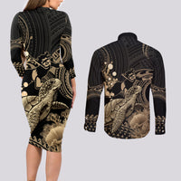Gold Aloha Hawaii Couples Matching Long Sleeve Bodycon Dress and Long Sleeve Button Shirt Snorkeling With Sea Turtle Polynesian Pattern LT14 - Polynesian Pride