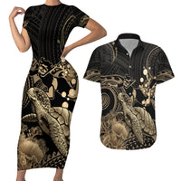 Gold Aloha Hawaii Couples Matching Short Sleeve Bodycon Dress and Hawaiian Shirt Snorkeling With Sea Turtle Polynesian Pattern LT14 Gold - Polynesian Pride