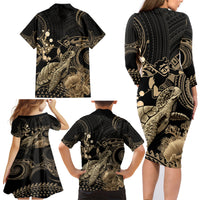 Gold Aloha Hawaii Family Matching Long Sleeve Bodycon Dress and Hawaiian Shirt Snorkeling With Sea Turtle Polynesian Pattern LT14 - Polynesian Pride