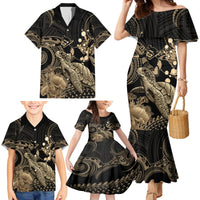 Gold Aloha Hawaii Family Matching Mermaid Dress and Hawaiian Shirt Snorkeling With Sea Turtle Polynesian Pattern LT14 - Polynesian Pride