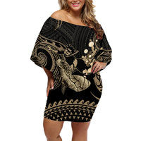 Gold Aloha Hawaii Family Matching Off Shoulder Short Dress and Hawaiian Shirt Snorkeling With Sea Turtle Polynesian Pattern LT14 Mom's Dress Gold - Polynesian Pride