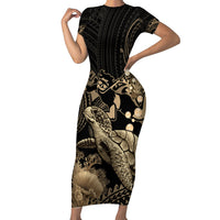 Gold Aloha Hawaii Family Matching Short Sleeve Bodycon Dress and Hawaiian Shirt Snorkeling With Sea Turtle Polynesian Pattern LT14 Mom's Dress Gold - Polynesian Pride
