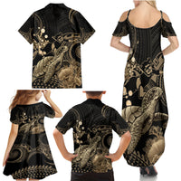 Gold Aloha Hawaii Family Matching Summer Maxi Dress and Hawaiian Shirt Snorkeling With Sea Turtle Polynesian Pattern LT14 - Polynesian Pride