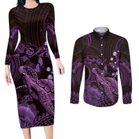 Purple Aloha Hawaii Couples Matching Long Sleeve Bodycon Dress and Long Sleeve Button Shirt Snorkeling With Sea Turtle Polynesian Pattern LT14 Purple - Polynesian Pride