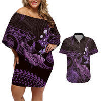 Purple Aloha Hawaii Couples Matching Off Shoulder Short Dress and Hawaiian Shirt Snorkeling With Sea Turtle Polynesian Pattern LT14 Purple - Polynesian Pride