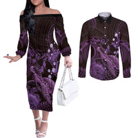 Purple Aloha Hawaii Couples Matching Off The Shoulder Long Sleeve Dress and Long Sleeve Button Shirt Snorkeling With Sea Turtle Polynesian Pattern LT14 Purple - Polynesian Pride
