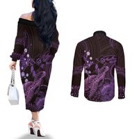 Purple Aloha Hawaii Couples Matching Off The Shoulder Long Sleeve Dress and Long Sleeve Button Shirt Snorkeling With Sea Turtle Polynesian Pattern LT14 - Polynesian Pride