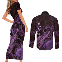 Purple Aloha Hawaii Couples Matching Short Sleeve Bodycon Dress and Long Sleeve Button Shirt Snorkeling With Sea Turtle Polynesian Pattern LT14 - Polynesian Pride