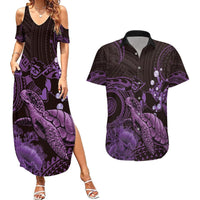 Purple Aloha Hawaii Couples Matching Summer Maxi Dress and Hawaiian Shirt Snorkeling With Sea Turtle Polynesian Pattern LT14 Purple - Polynesian Pride