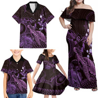 Purple Aloha Hawaii Family Matching Off Shoulder Maxi Dress and Hawaiian Shirt Snorkeling With Sea Turtle Polynesian Pattern LT14 - Polynesian Pride