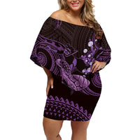 Purple Aloha Hawaii Family Matching Off Shoulder Short Dress and Hawaiian Shirt Snorkeling With Sea Turtle Polynesian Pattern LT14 Mom's Dress Purple - Polynesian Pride