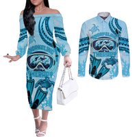 Hawaii Sea Turtle Snorkeling Is My Therapy Couples Matching Off The Shoulder Long Sleeve Dress and Long Sleeve Button Shirt LT14 Blue - Polynesian Pride