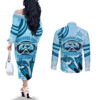 Hawaii Sea Turtle Snorkeling Is My Therapy Couples Matching Off The Shoulder Long Sleeve Dress and Long Sleeve Button Shirt LT14 - Polynesian Pride