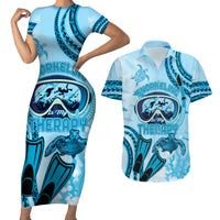 Hawaii Sea Turtle Snorkeling Is My Therapy Couples Matching Short Sleeve Bodycon Dress and Hawaiian Shirt LT14 Blue - Polynesian Pride