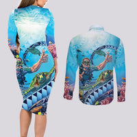 Hawaii Snorkeling Honu Turtle Couples Matching Long Sleeve Bodycon Dress and Long Sleeve Button Shirt Under The Ocean Vibes LT14 - Polynesian Pride
