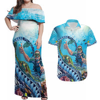 Hawaii Snorkeling Honu Turtle Couples Matching Off Shoulder Maxi Dress and Hawaiian Shirt Under The Ocean Vibes LT14 Blue - Polynesian Pride
