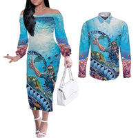 Hawaii Snorkeling Honu Turtle Couples Matching Off The Shoulder Long Sleeve Dress and Long Sleeve Button Shirt Under The Ocean Vibes LT14 Blue - Polynesian Pride