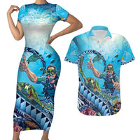 Hawaii Snorkeling Honu Turtle Couples Matching Short Sleeve Bodycon Dress and Hawaiian Shirt Under The Ocean Vibes LT14 Blue - Polynesian Pride