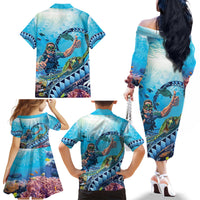 Hawaii Snorkeling Honu Turtle Family Matching Off The Shoulder Long Sleeve Dress and Hawaiian Shirt Under The Ocean Vibes LT14 - Polynesian Pride