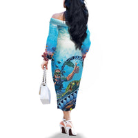 Hawaii Snorkeling Honu Turtle Family Matching Off The Shoulder Long Sleeve Dress and Hawaiian Shirt Under The Ocean Vibes LT14 - Polynesian Pride