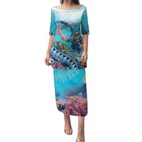 Hawaii Snorkeling Honu Turtle Family Matching Puletasi and Hawaiian Shirt Under The Ocean Vibes LT14 Mom's Dress Blue - Polynesian Pride