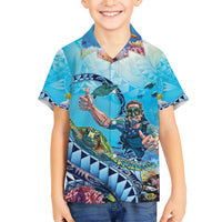 Hawaii Snorkeling Honu Turtle Family Matching Short Sleeve Bodycon Dress and Hawaiian Shirt Under The Ocean Vibes LT14 Son's Shirt Blue - Polynesian Pride