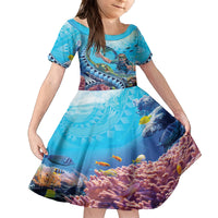 Hawaii Snorkeling Honu Turtle Family Matching Tank Maxi Dress and Hawaiian Shirt Under The Ocean Vibes LT14 Daughter's Dress Blue - Polynesian Pride