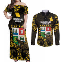 Agusan del Sur Philippines Couples Matching Off Shoulder Maxi Dress and Long Sleeve Button Shirt Habagatang Agusan Lolong LT14 Black - Polynesian Pride