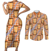 Aloha Hawaii Tiki Palaka Motifs Couples Matching Short Sleeve Bodycon Dress and Long Sleeve Button Shirt Honohono Lei Orange Elegant Vibes LT14 Orange - Polynesian Pride