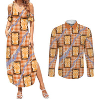 Aloha Hawaii Tiki Palaka Motifs Couples Matching Summer Maxi Dress and Long Sleeve Button Shirt Honohono Lei Orange Elegant Vibes LT14 Orange - Polynesian Pride
